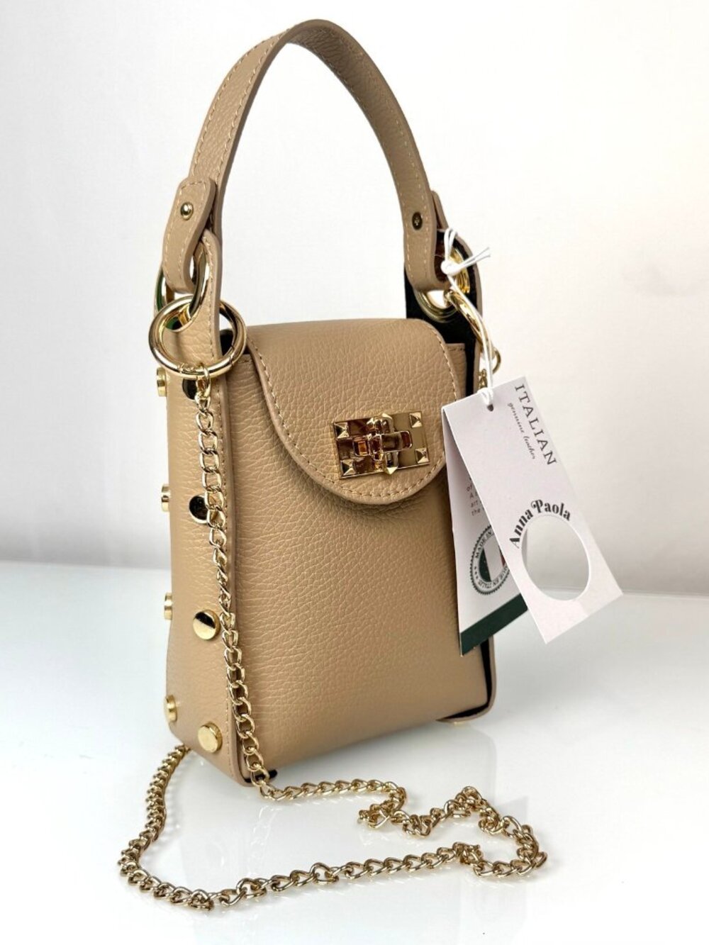Anna Paola Sara Mini Leather Crossbody Bag Taupe Gold Hardware Italy NWT
